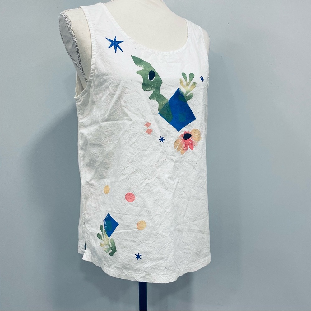 VTG 80s Play Alegre S Hand Painted White Tank Top Abstract Art To Wear Geo USA